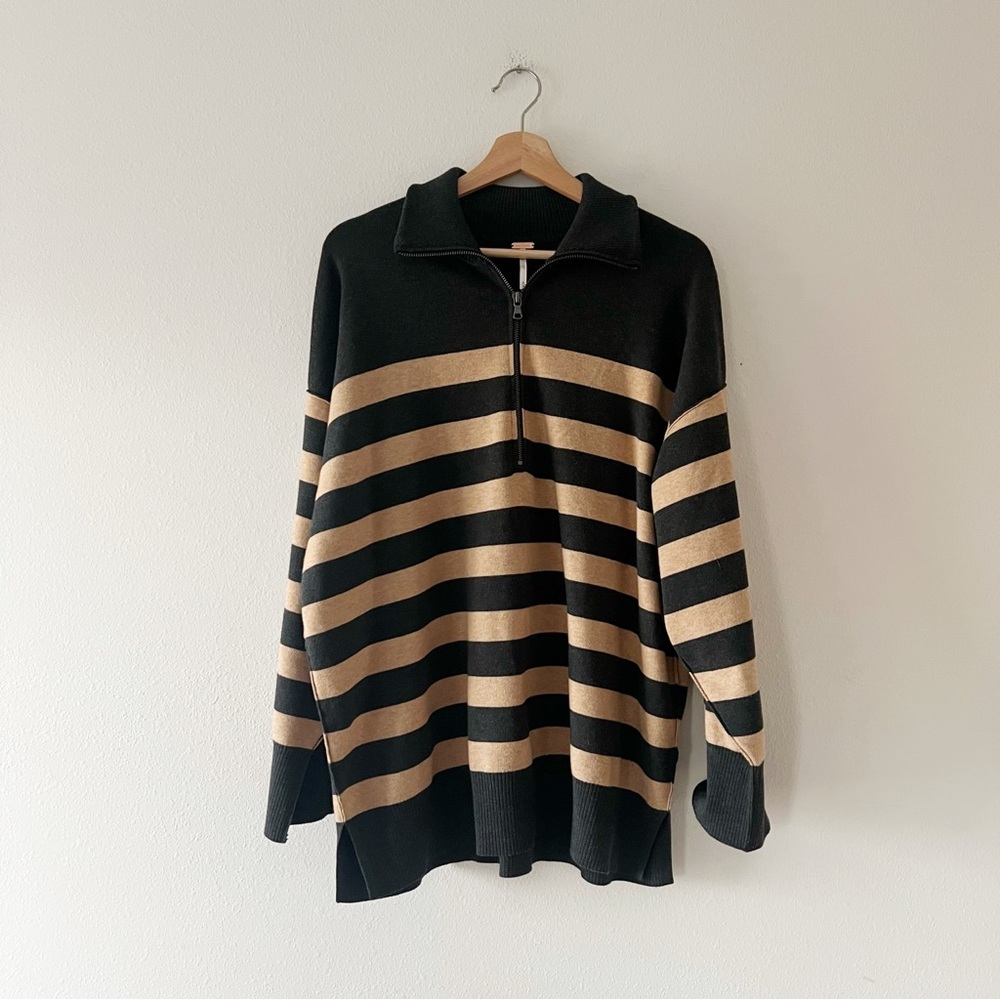 FREE PEOPLE | Coastal Stripe Half Zip Pullover in Carbon/Camel | XS - Picture 2 of 4